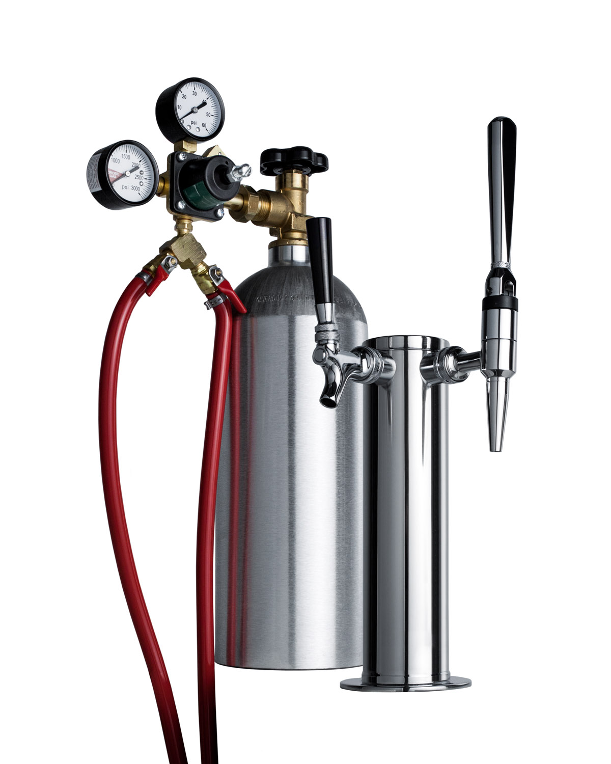 Dual tap coffee dispenser in black, with a combination nitro/flat coffee tap kit in stainless steel